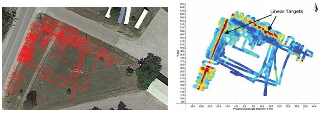 Figure 5: Collecting GPR data in a pseudo-grid, using an accurate GPS for positioning (left) is another way to generate depth slices that reveal utilities at different depths (right).